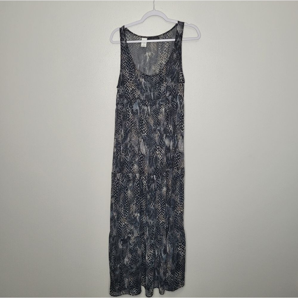 La Blanca gray blue snake skin print semi-sheer tiered maxi swim cover dress L